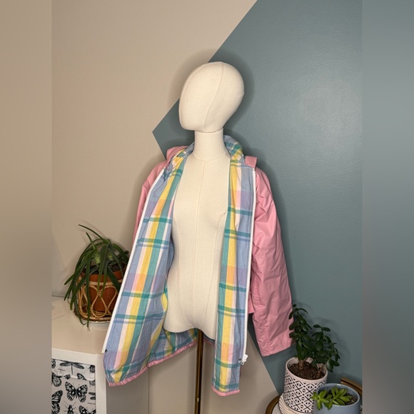 Vtg 90s Misty Harbor Pink PVC Rain Slicker Plaid Lined Hooded M Coastal Preppy - Picture 5 of 14